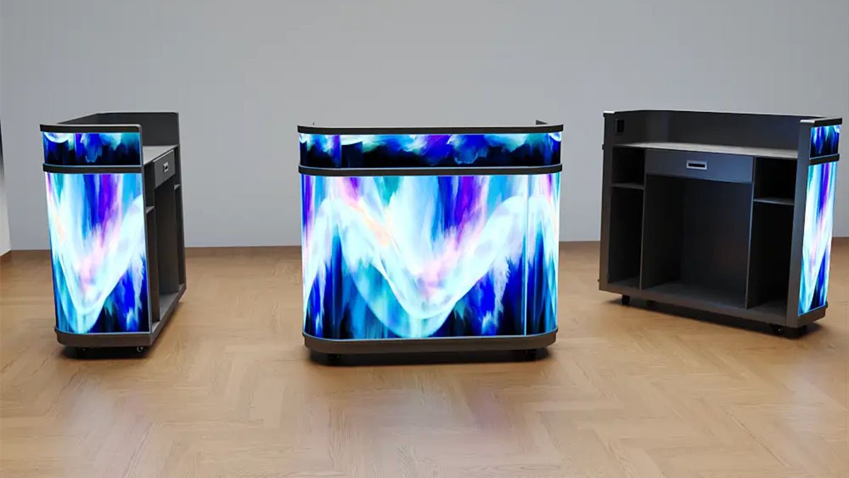 GOB Curved LED Desk Display MD-M Series employs Glue-on-Board (GOB) encapsulated soft magnetic LED modules