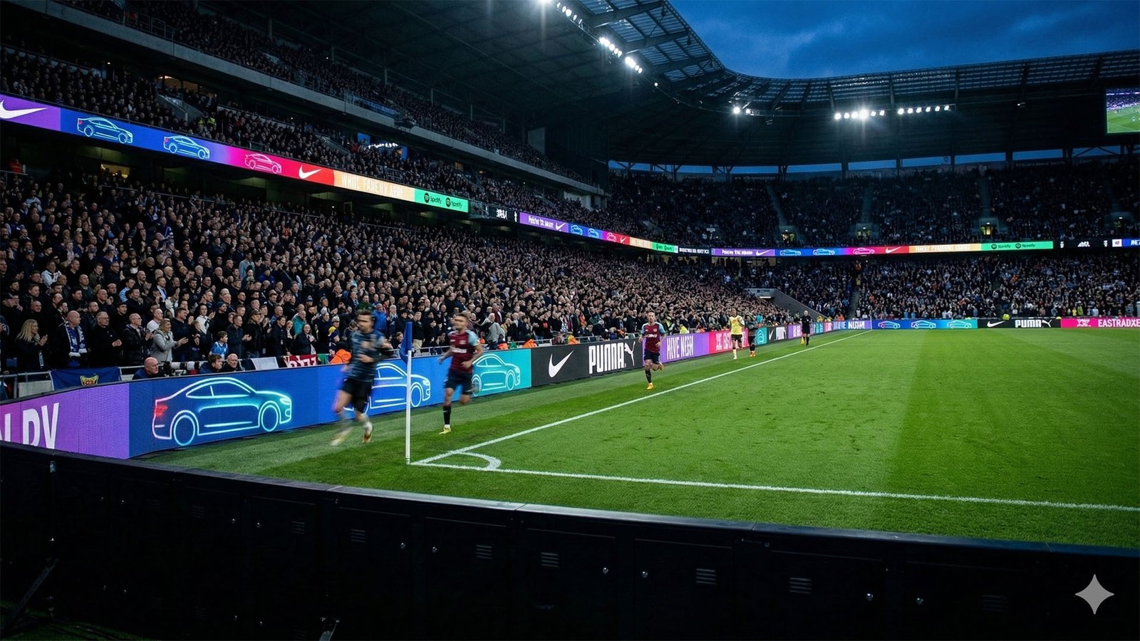 Stadium LED perimeter display boards installed along the football pitch sideline