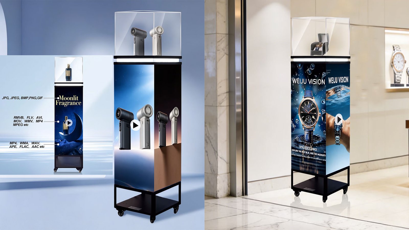 360° rotating LED display cabinet in luxury retail store showcasing products with transparent glass