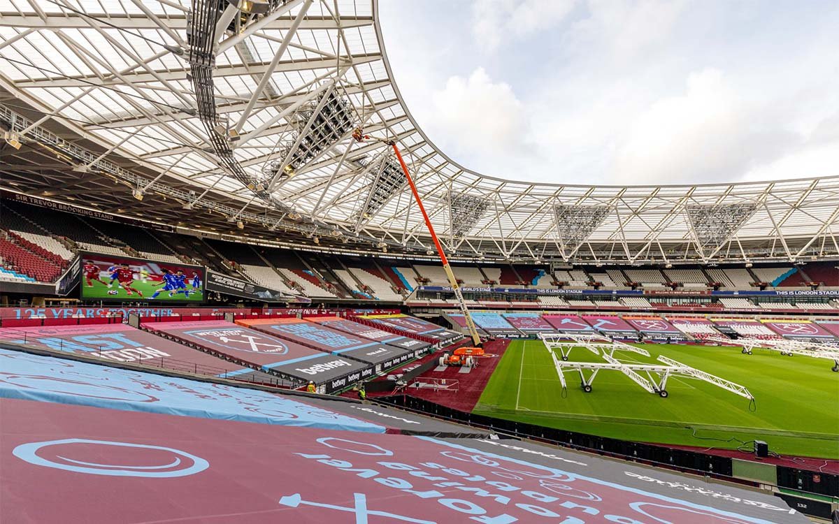 Stadium LED display installation showing structural mounting and modular cabinet assembly