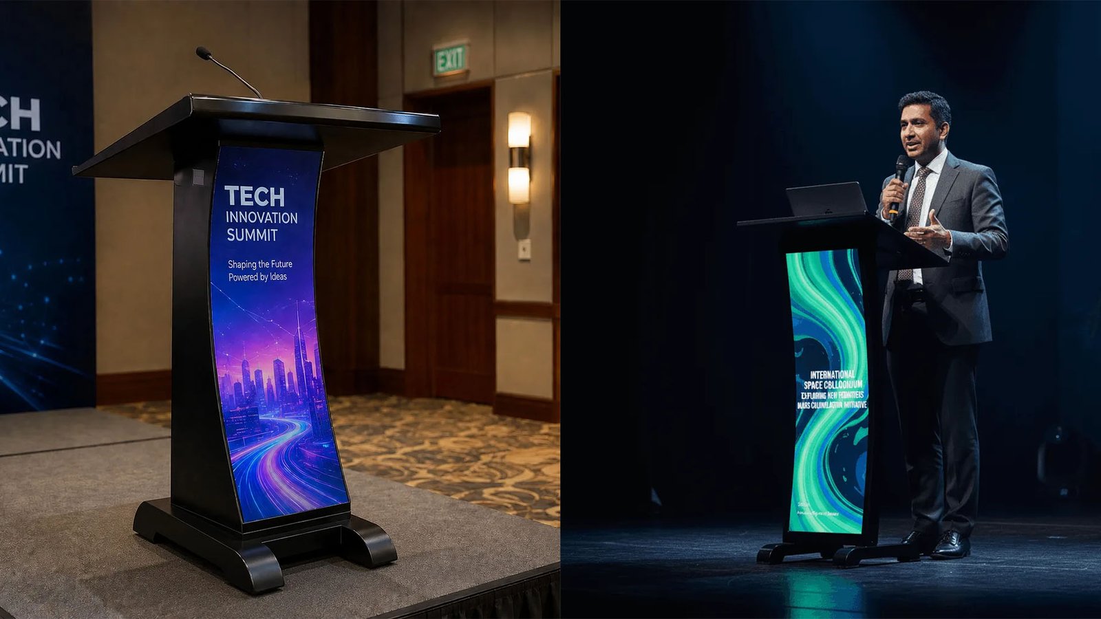 Professional LED podium display installed on conference stage with digital rostrum screen