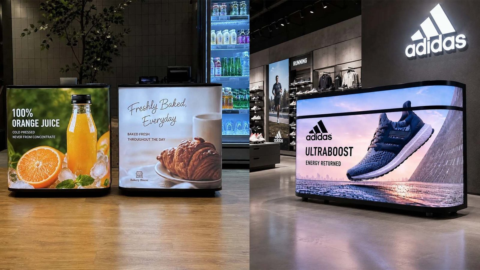 Curved LED reception desk display in modern corporate lobby with GOB LED counter screen